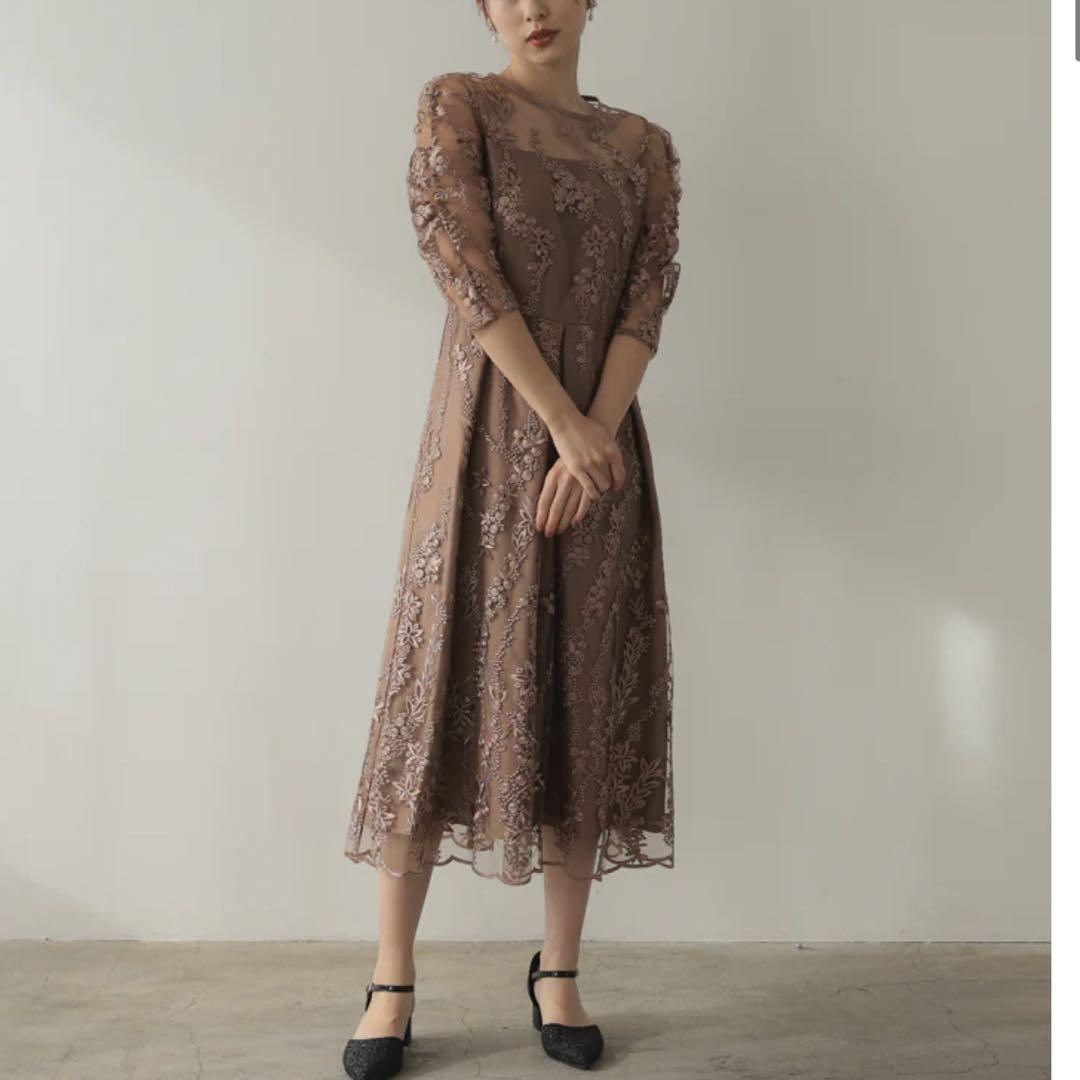 【haremode】花柄刺繍ドレス　Lサイズ　結婚式 haremode｜【haremode ハレモード公式】花柄刺繍ミディ丈ドレス