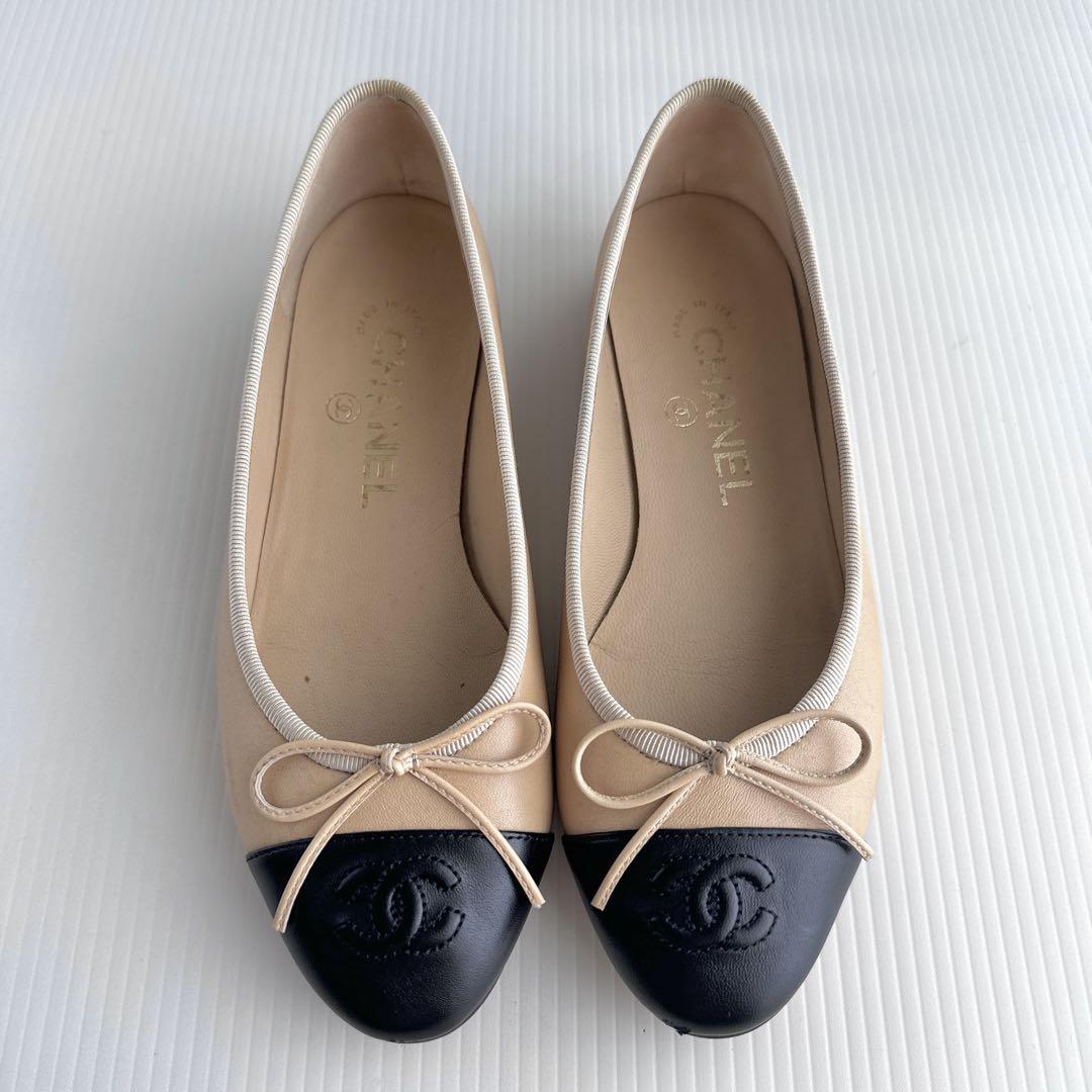 CHANEL シャネル　バイカラー　リボン　バレリーナ　フラットシューズ　美品
