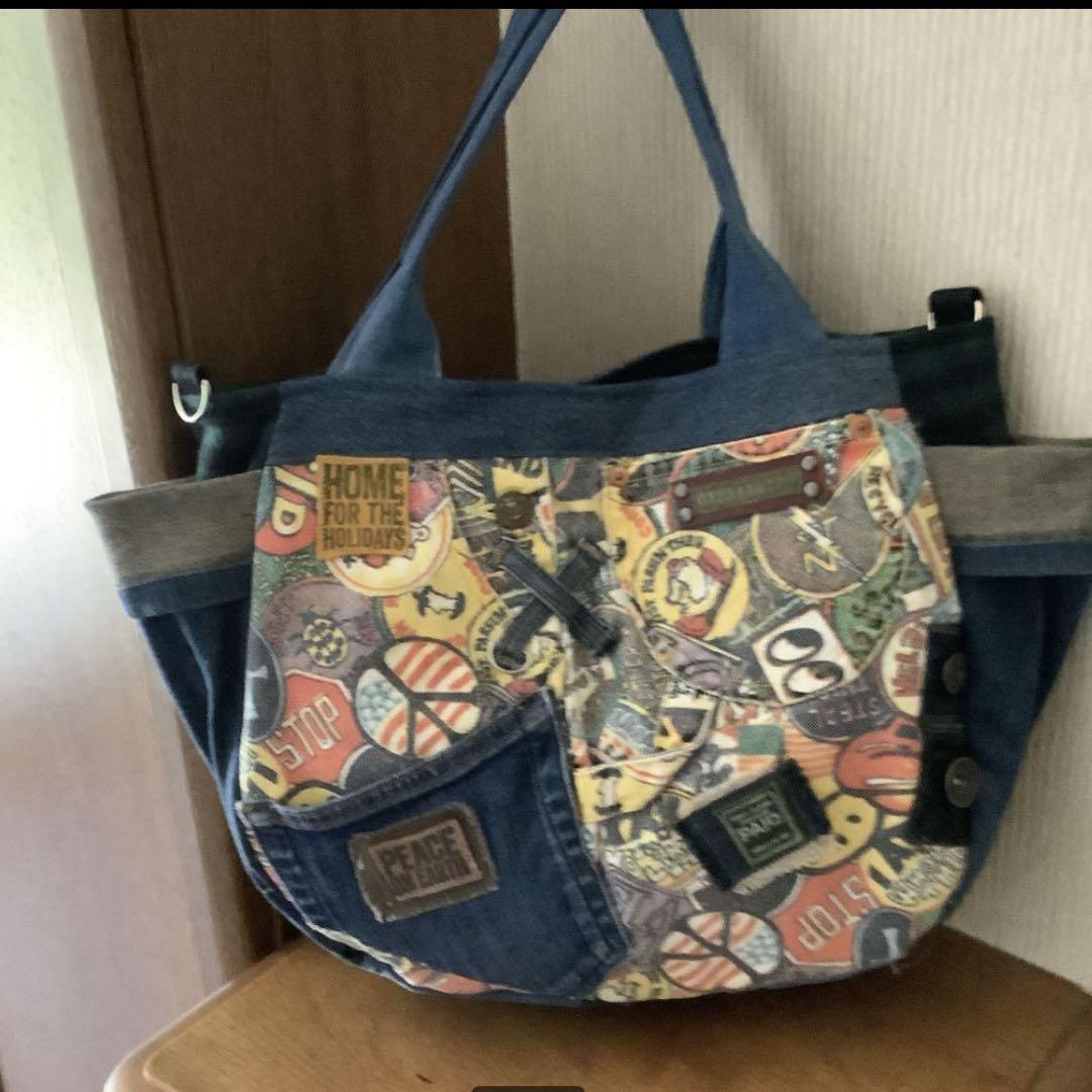 ハンドメイド リメイクデニム トートバッグ Dカン付き L Lサイズ