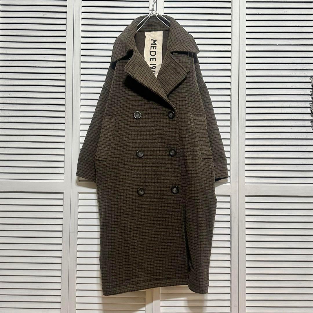 MEDE19F ウール混 ミックスツイード　ヘリンボーン ロングPコート　カーキ