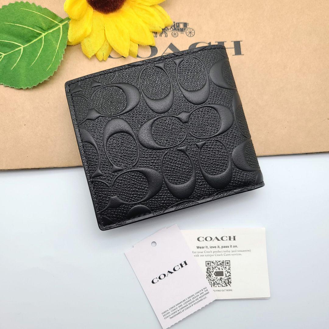 COACH 折り財布 新品 ブラック エンボス お札入れ 小銭入れ