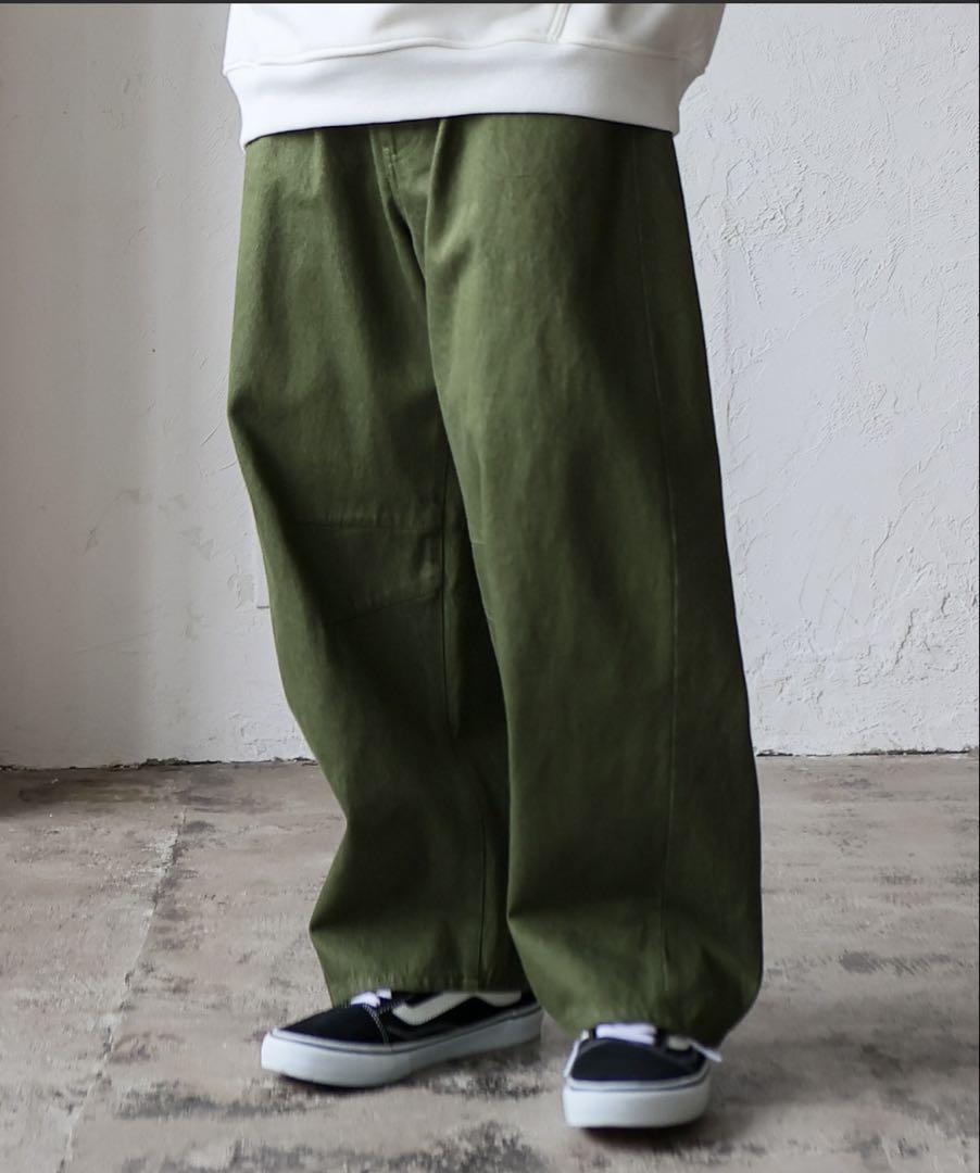 オリーブグリーン デニムワイドバレルパンツ
