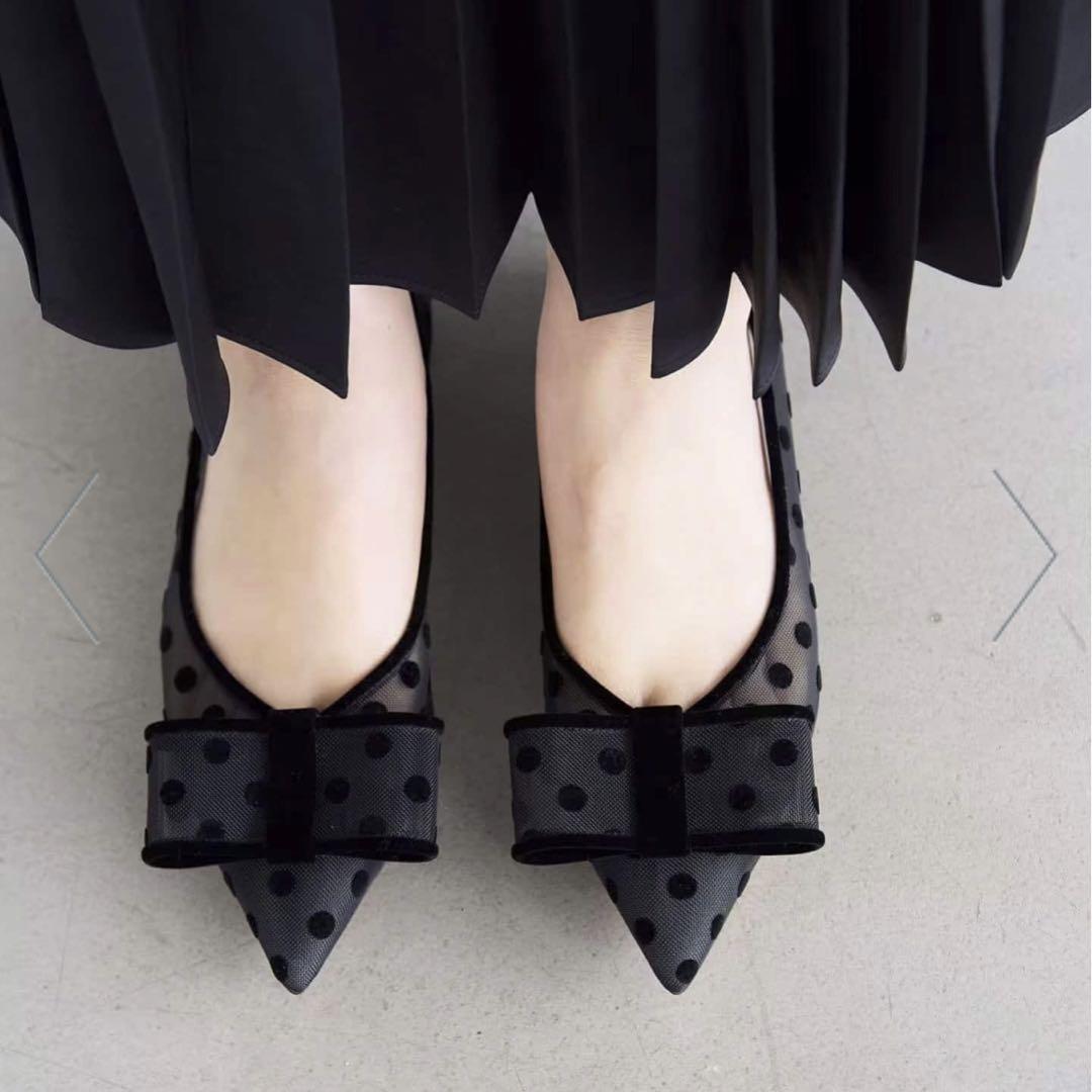 【新品】Le talon ポインテッドチュールリボンフラット　ブラック