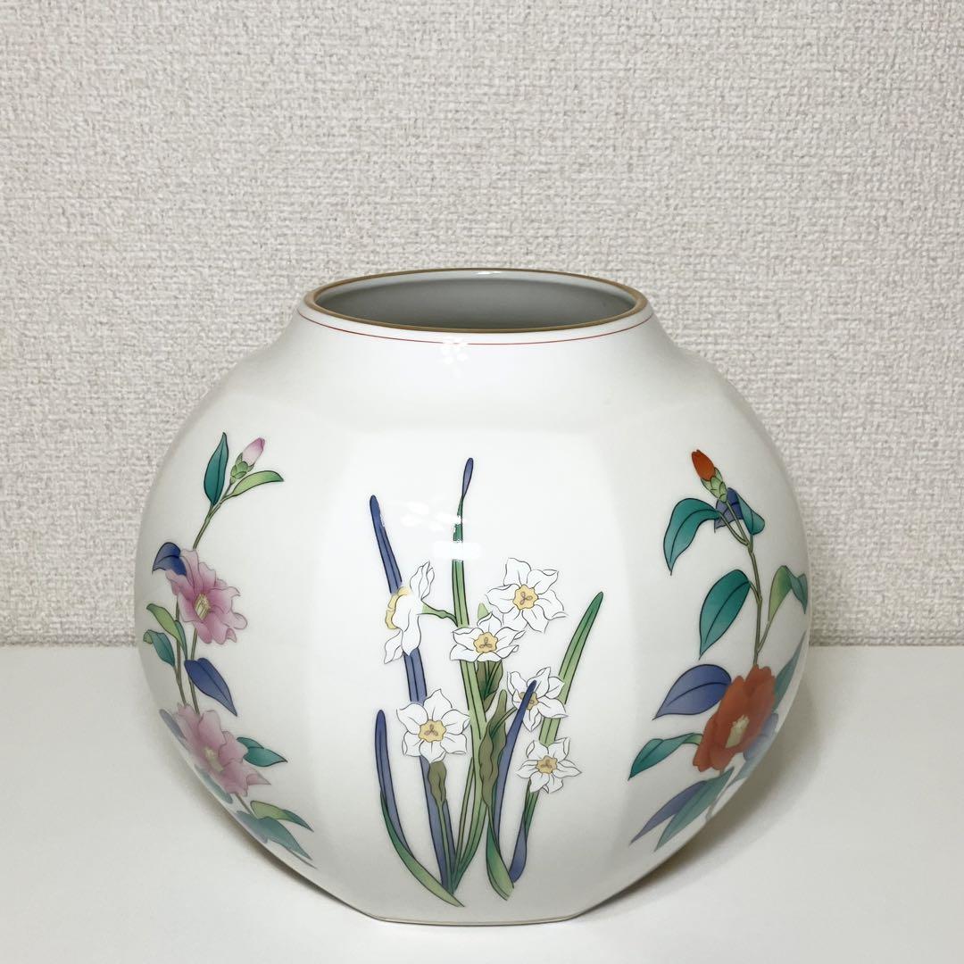 良品 香蘭社 八角花瓶 「茶席の花」絵変わり 有田焼 金彩