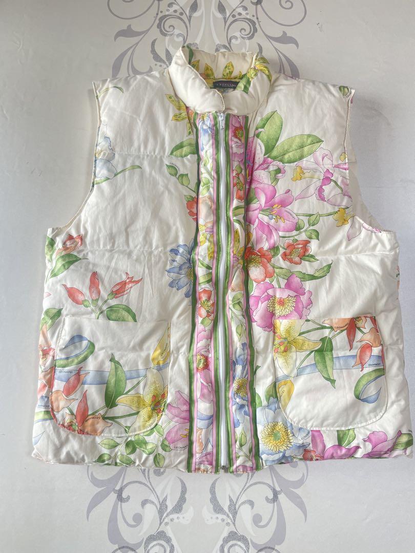 レオナール LEONARD FASHION 花柄 ダウンベスト 白 ホワイト