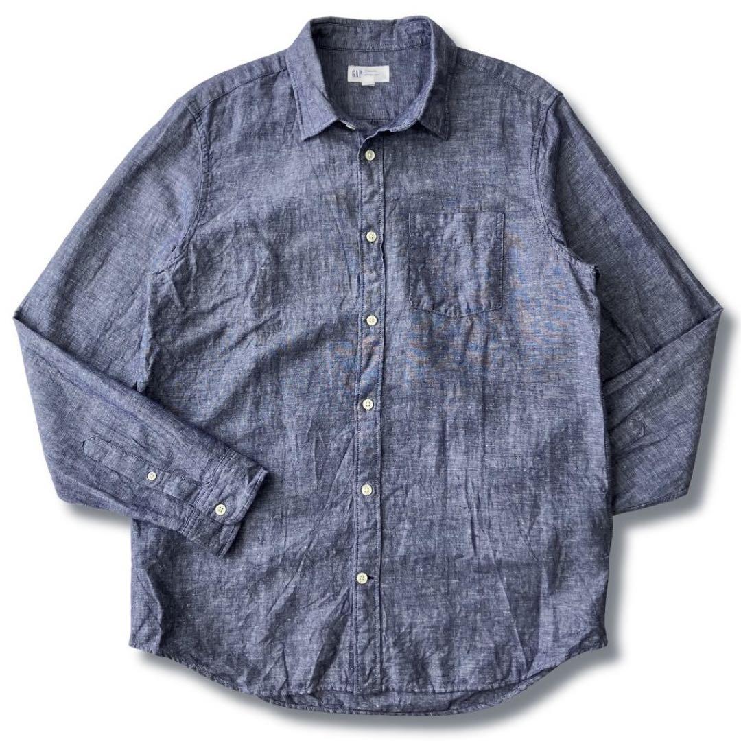美品 20's GAP ブルー リネン 無地 長袖 シャツ