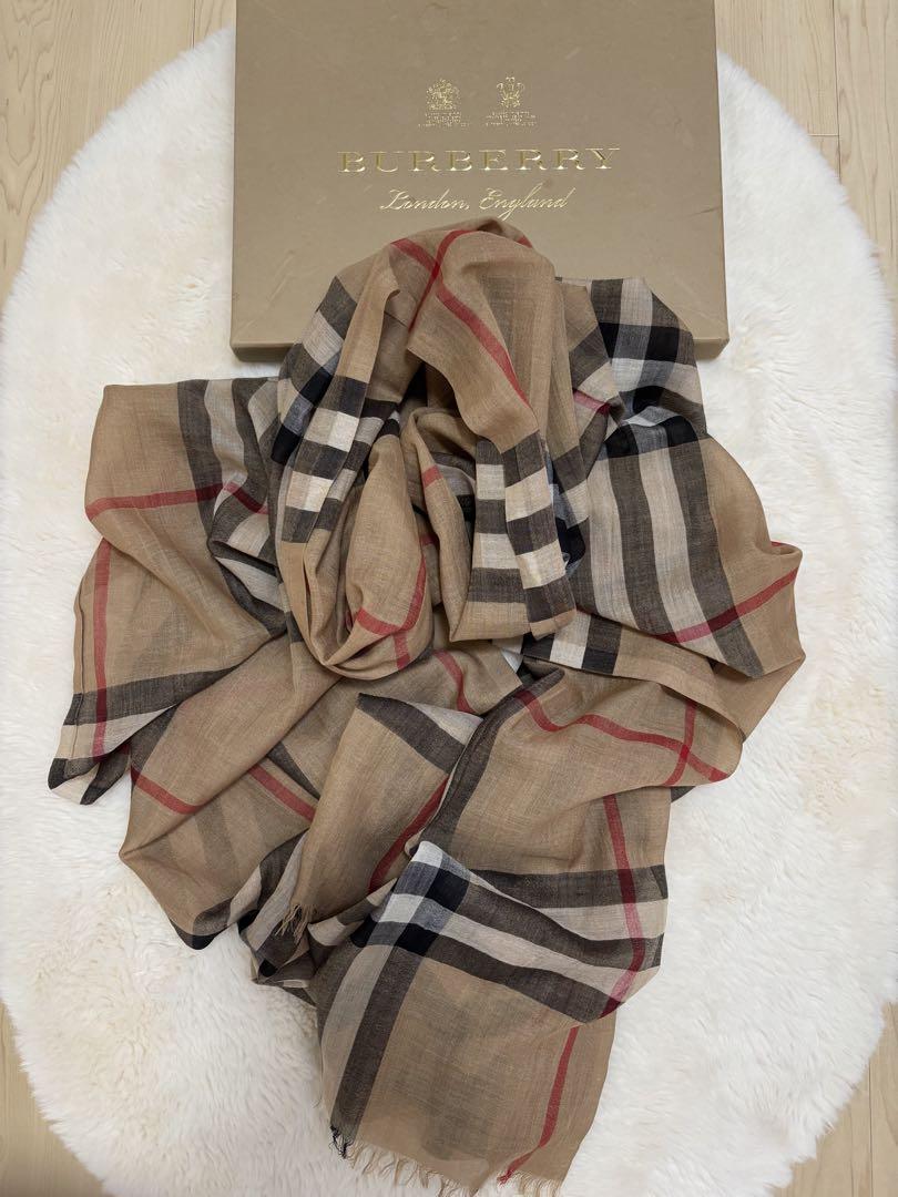 宅配便配送 バーバリー 美品 BURBERRY 大判ストール ウールシルク混 正規品 小物