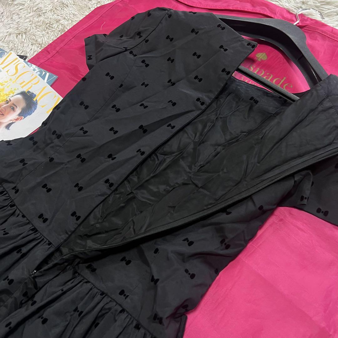 【良品】M'S GRACY フレアワンピース ブラック リボン 半袖 膝丈 38
