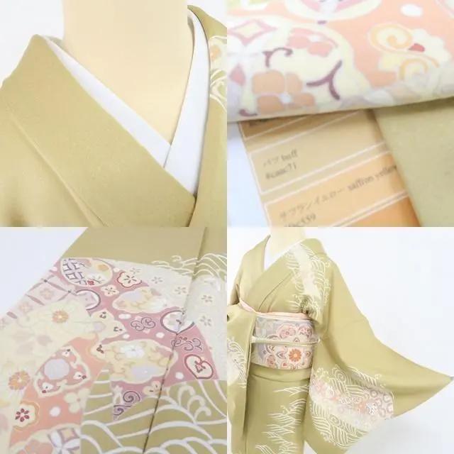 Y2009◇美品 唐花 一つ紋 手縫い仕立て 正絹 訪問着 着物 単品