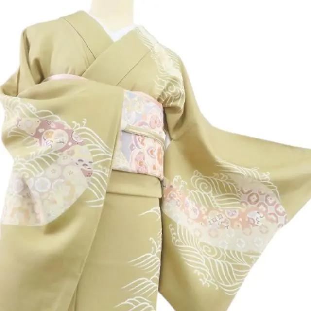 Y2009◇美品 唐花 一つ紋 手縫い仕立て 正絹 訪問着 着物 単品