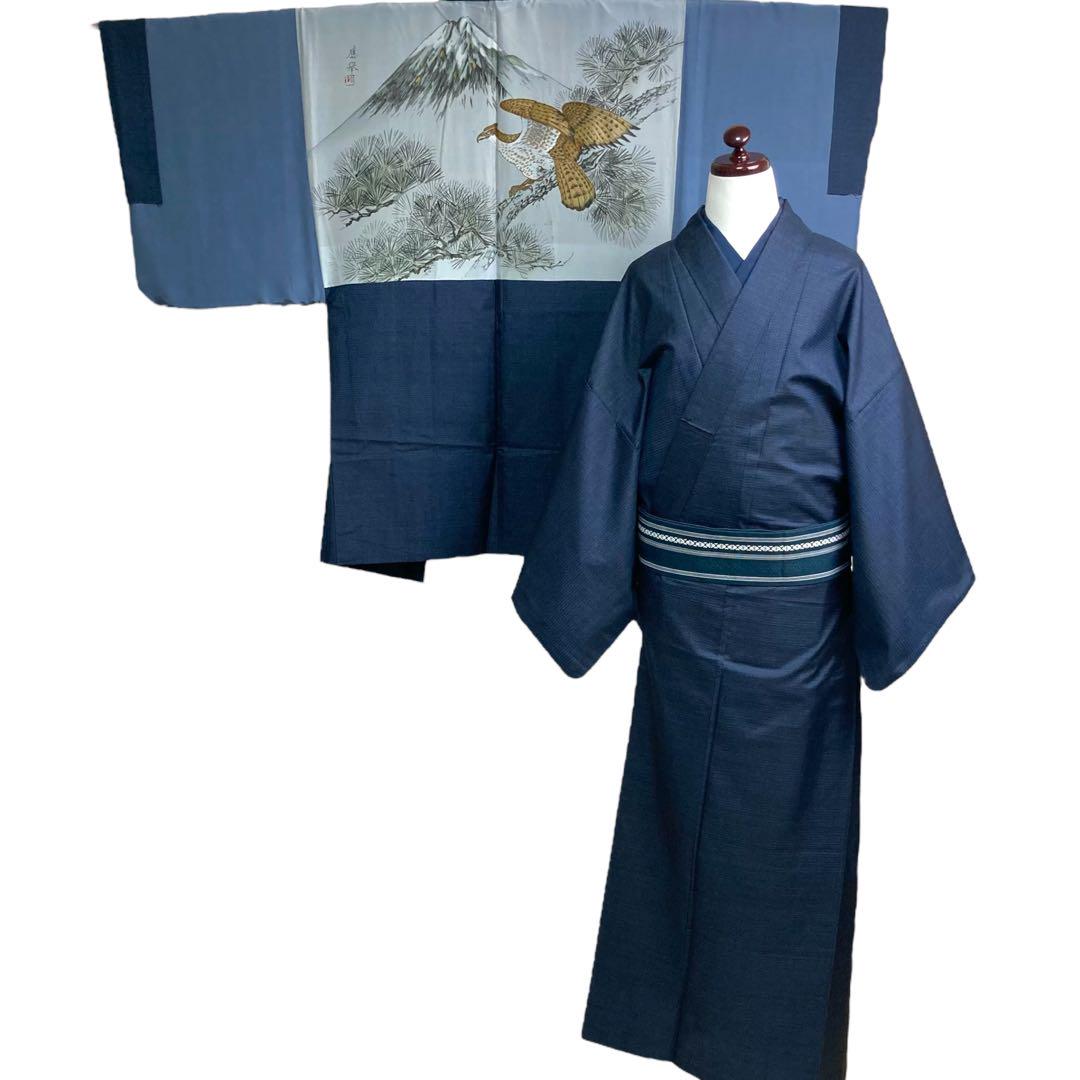 美品　本場泥大島紬　３点セット男物着物アンサンブル/長襦袢付き　c62