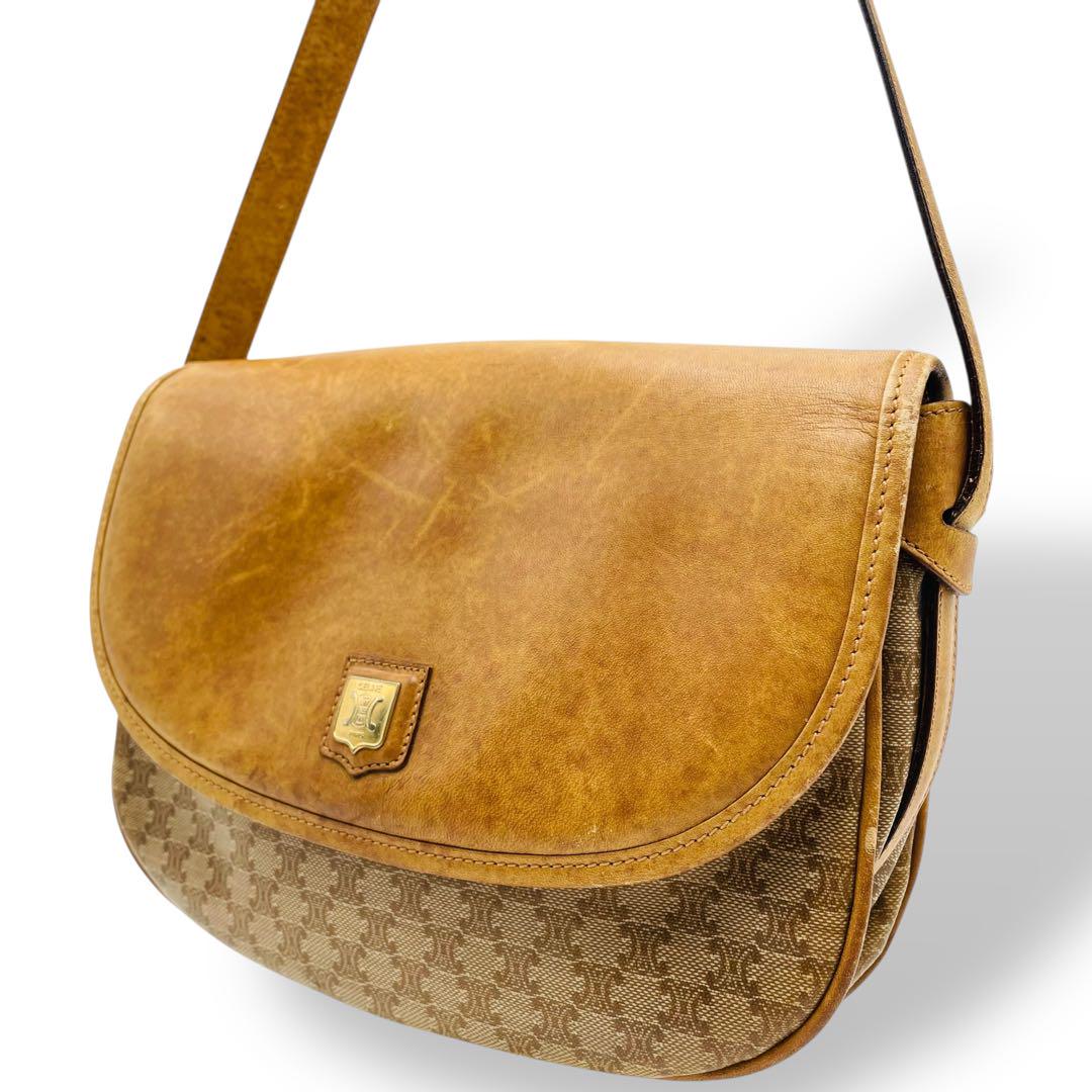良品 CELINE ショルダーバッグ レザー ブラウン マカダム 斜め