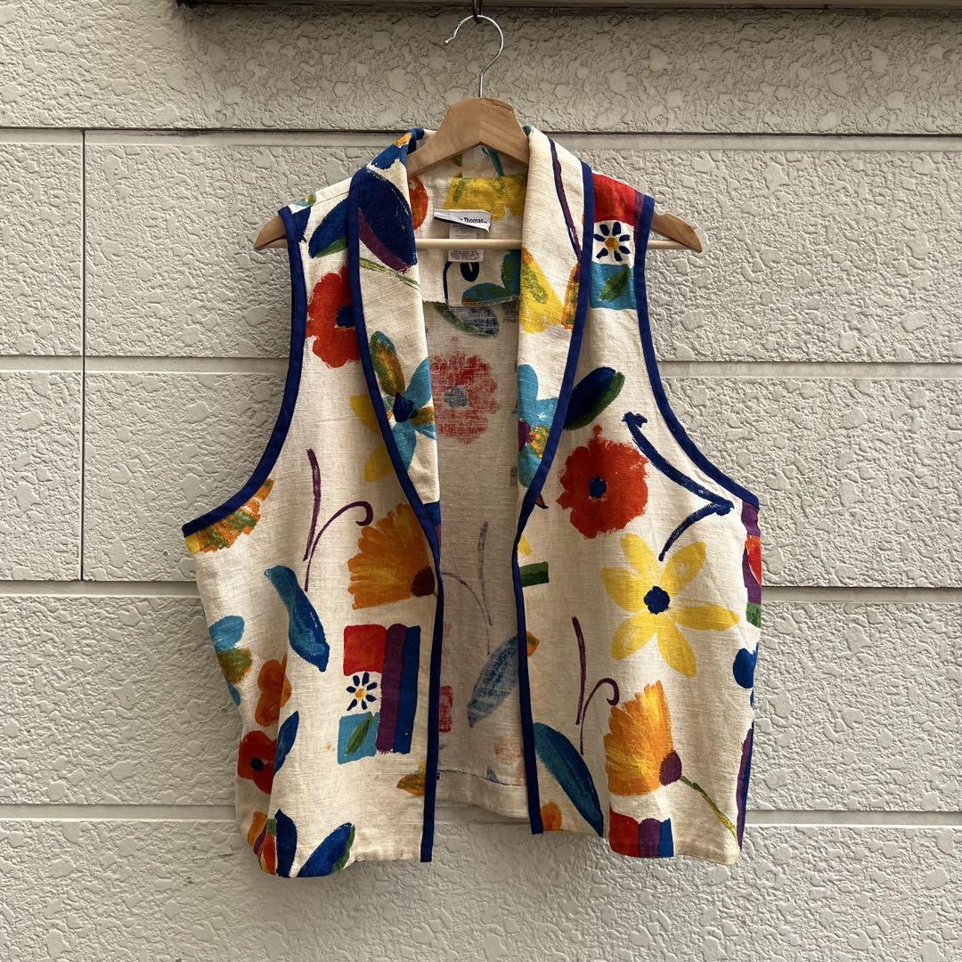 80s 90s USA製 デザインベスト 花柄 ショールカラー vintage