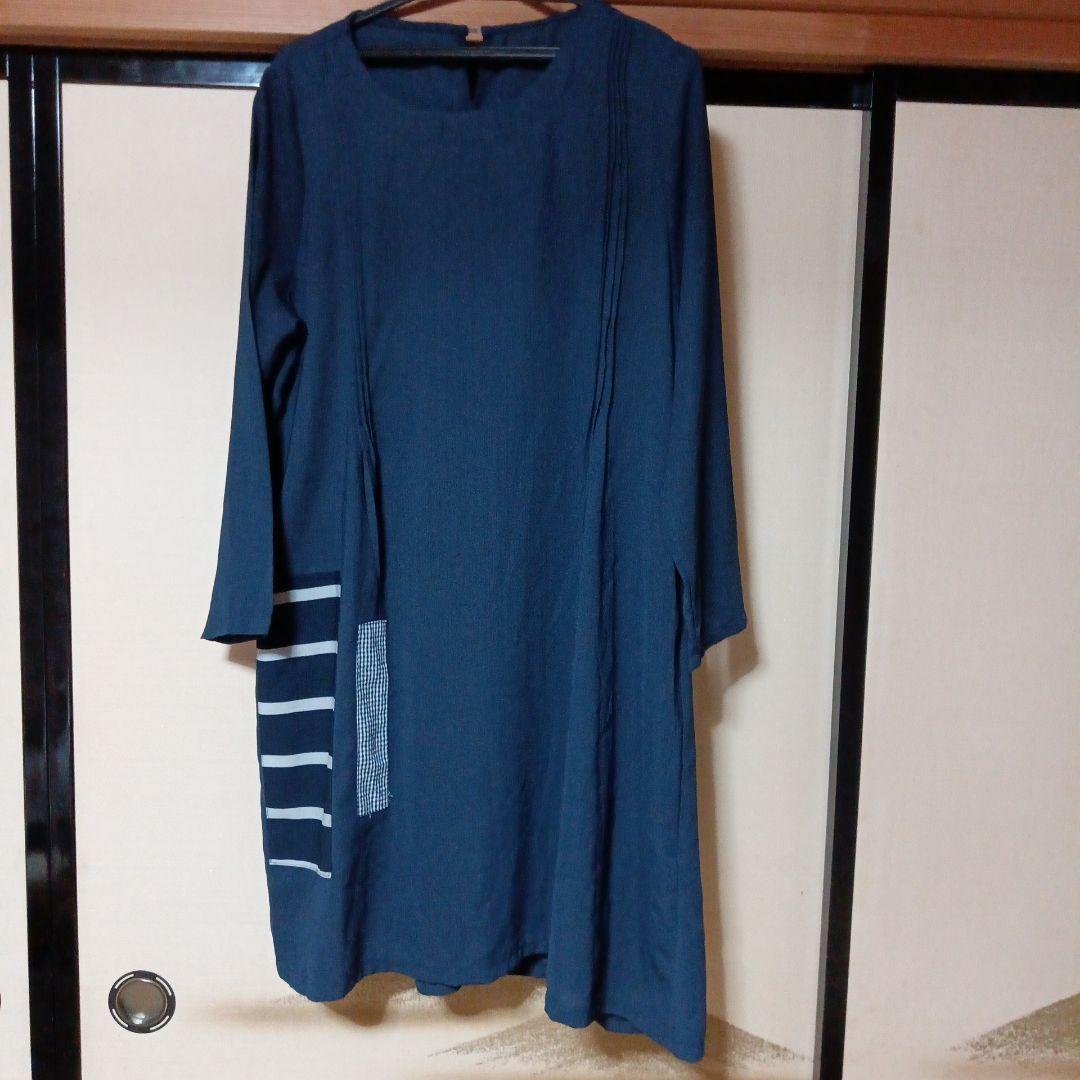 hanahana パッチワークデザインの素敵なワンピース M-L ダークブルー