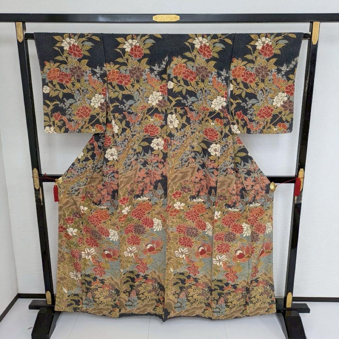 鳥 花柄 迫力ある染め 紋無し 付下げ 訪問着 正絹 T-6081