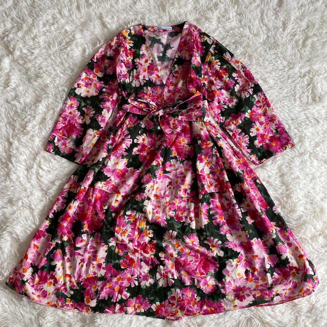 極美品 ZARA 花柄 ワンピース ウエストリボン XL 大きいサイズ