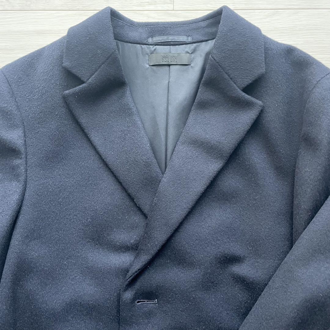 【美品】ユニクロ チェスターコート カシミヤ混 ネイビー 無地