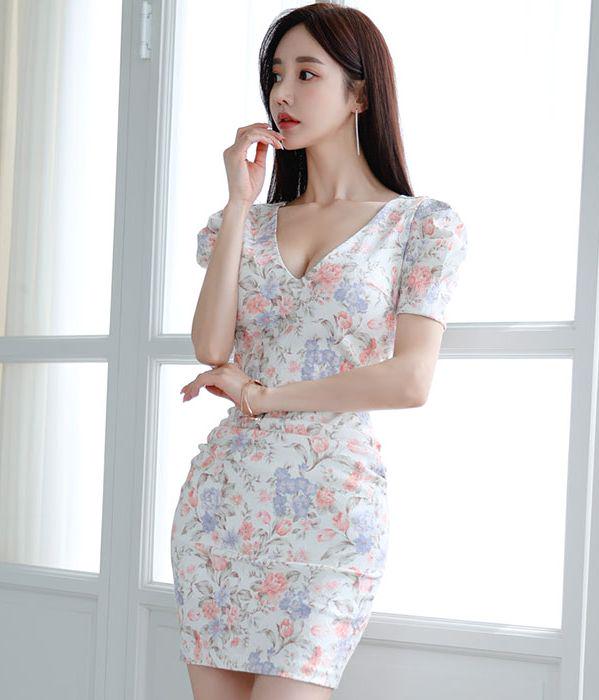 ボリューム半袖 ハイウエスト花柄ショートワンピース 白 JG8Zn-m30486983825 胸元開き 在庫正規店