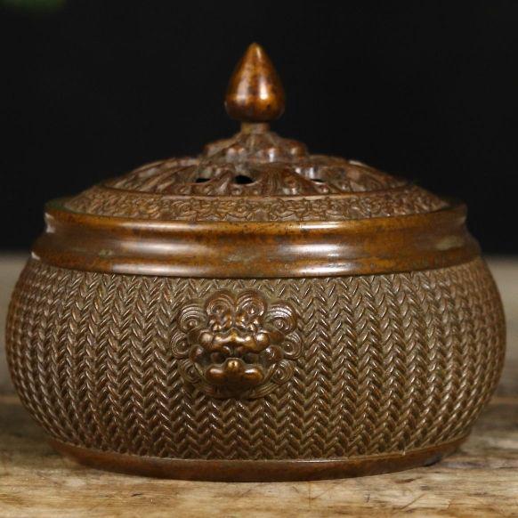 蘇工  銅器  竹編香薫炉  工芸品  美術品 置物
