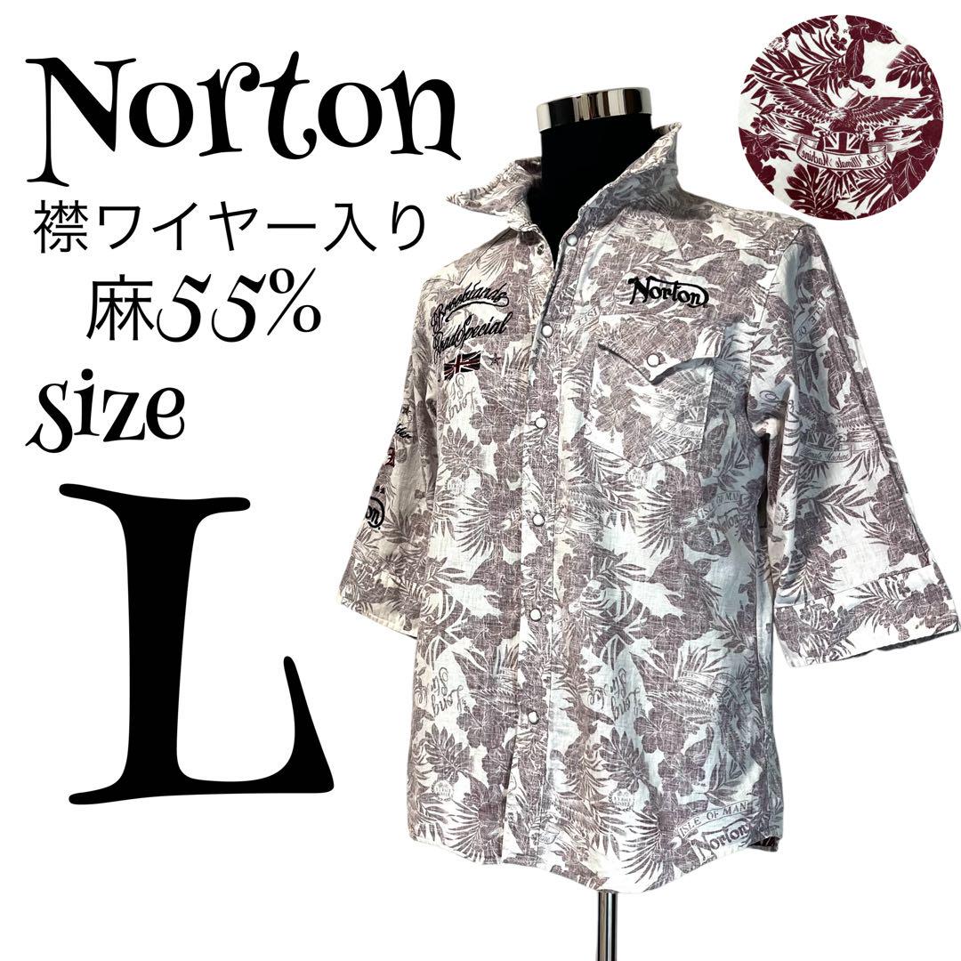 【リネン混】【L】Norton♡ノートン ボタニカル柄 シャツ 刺繍 メンズ