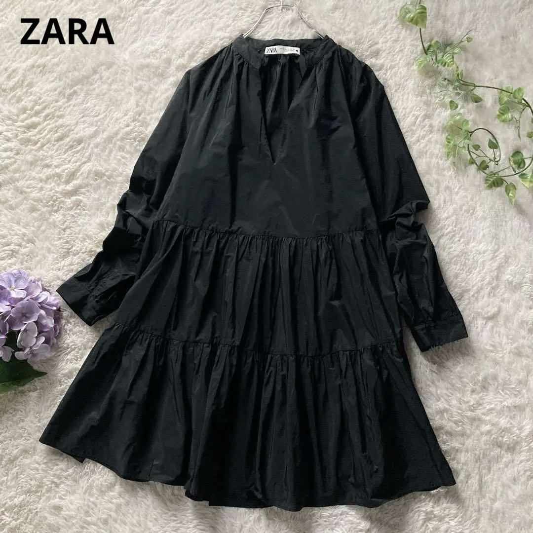 美品】ZARA ザラ ティアードチュニックワンピース ブラック 黒