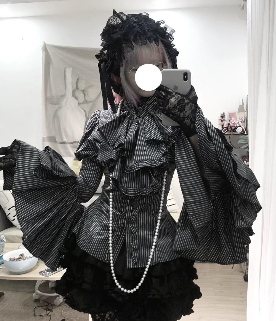 ミストクロウゴシックストライプストラップ姫袖シャツ ミストクロウゴシックストライプストラップ姫袖シャツ