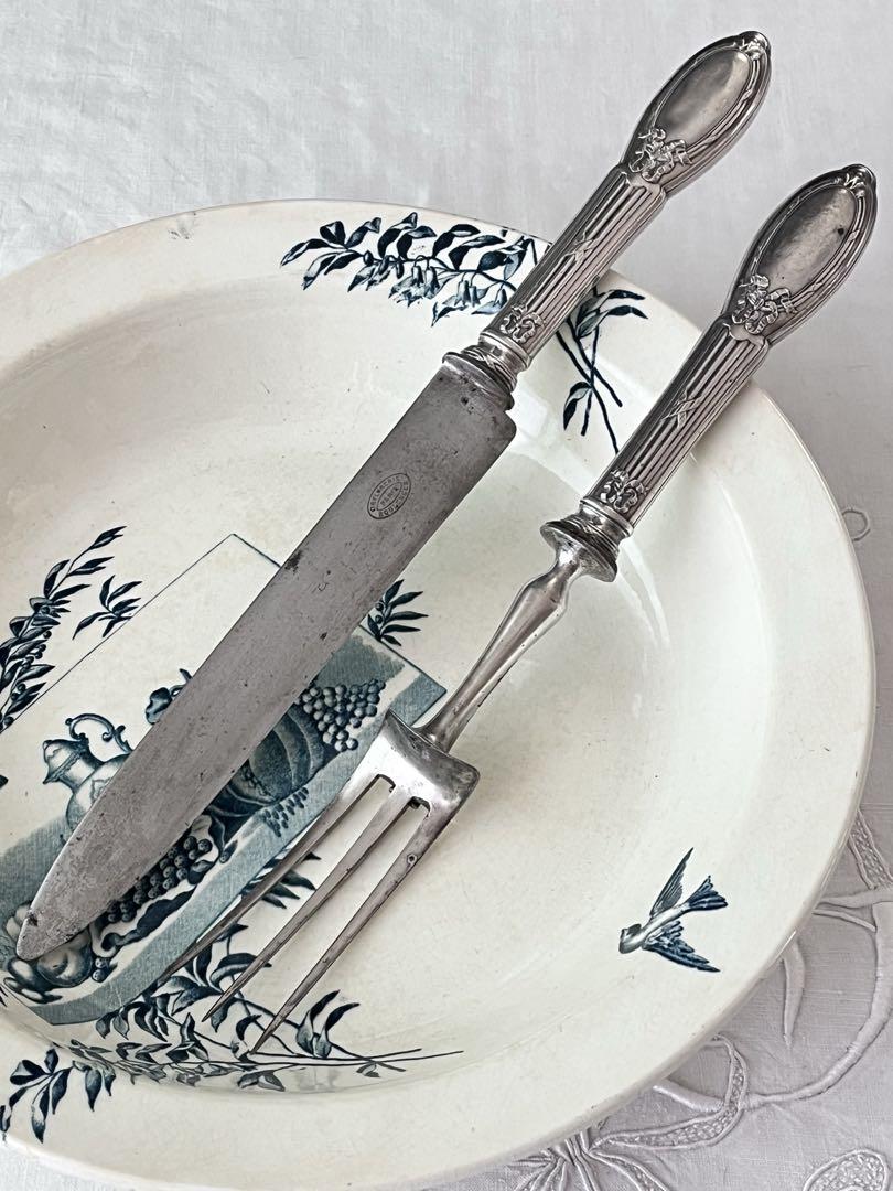 【美品】フランスアンティーク リボン装飾 お肉用 大きなN&F