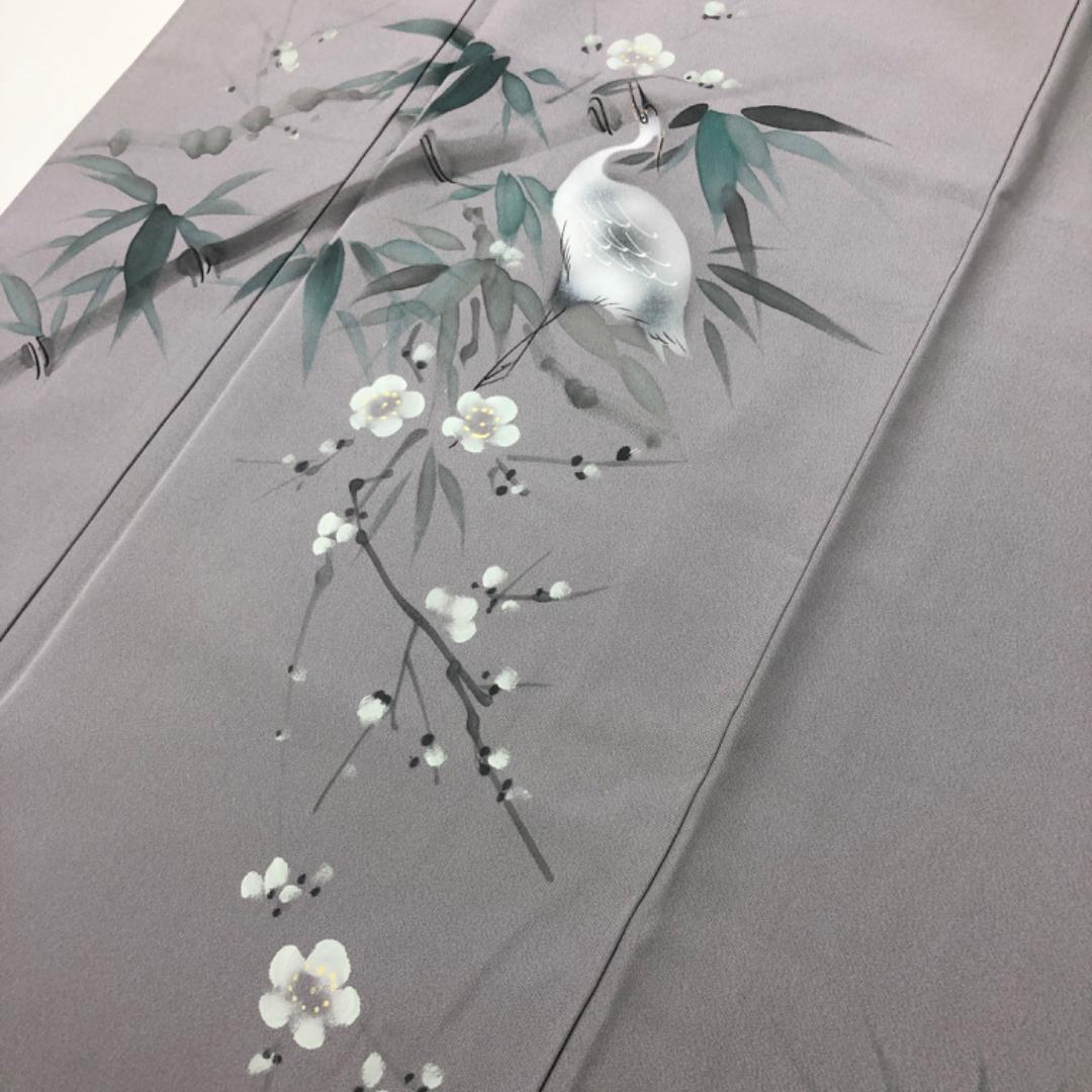 付下げ 梅竹に鷺 手描き 鈍紫色 しつけ糸 K-5420 付下げ 梅竹に鷺 手描き 鈍紫色 しつけ糸 K-5420