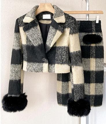 セットアップ チェック ショートジャケット スリムスカート もこもこM