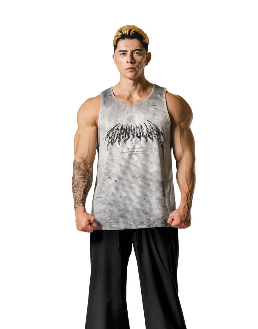 メッシュタンクトップ グレー グラフィックプリント
