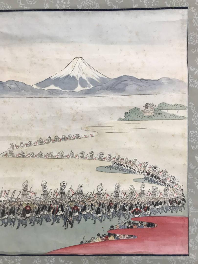 真作/桃坡/富士に出初式/消防/明治期/掛軸/名家伝来/AE-226