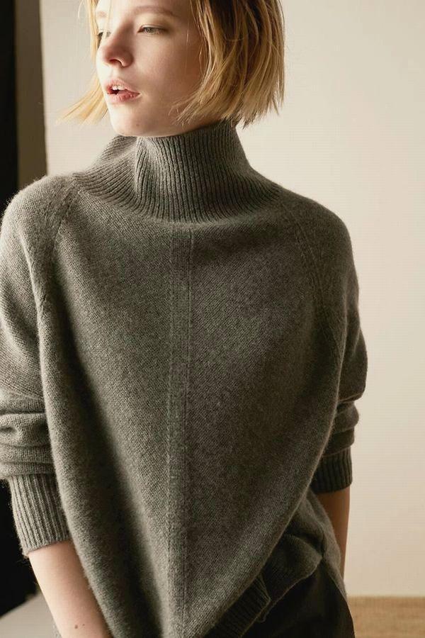 M ふんわり上質カシミヤ90%★暖かハイネックニットセーター♪グレーM