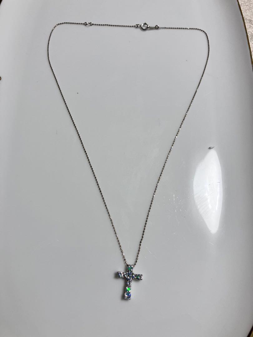 【新作入荷!!】 K10WGクロスネックレス オパール風ストーン アクセサリー