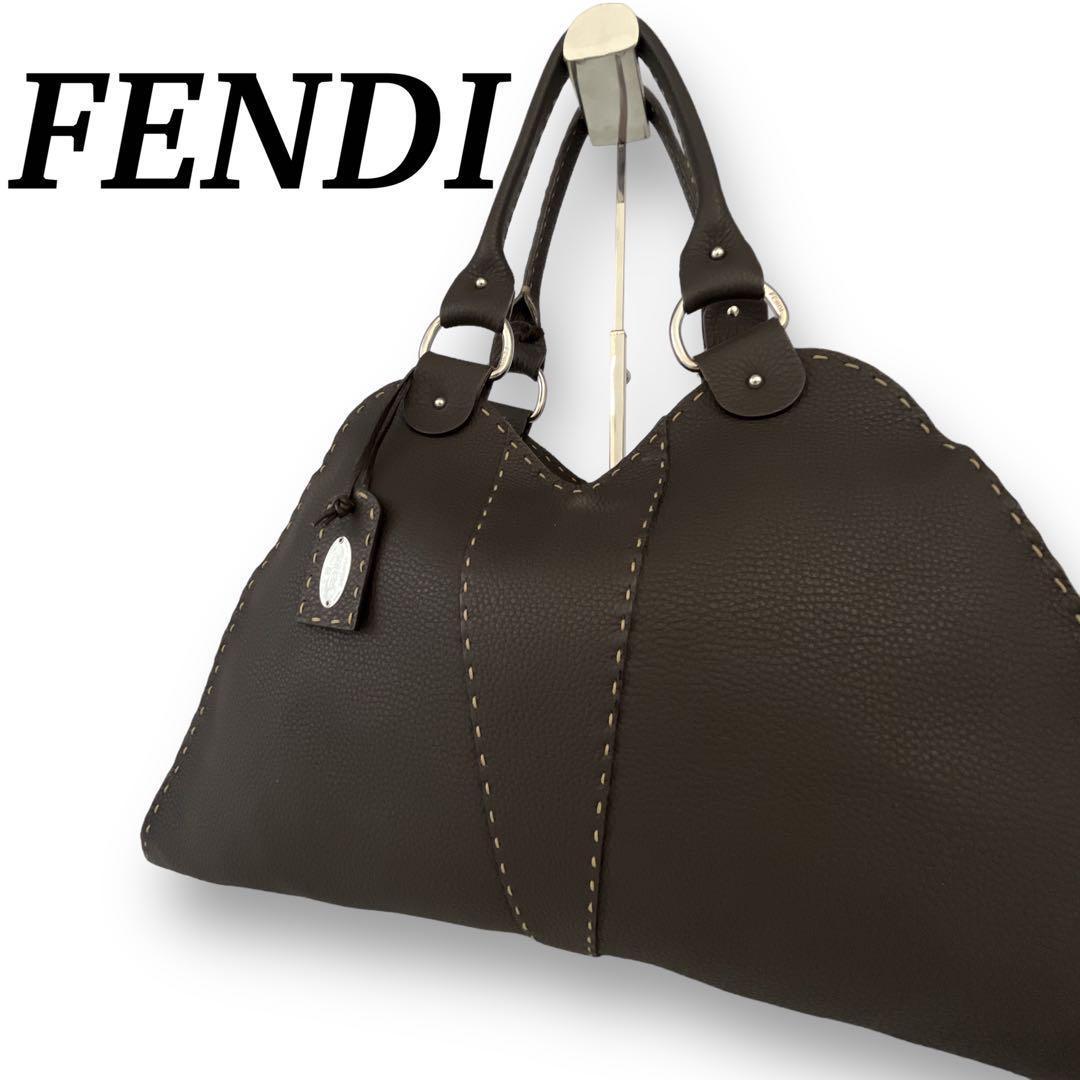 フェンディ　トートバッグ　セレリア　シルバー金具　ブラウン　レザー　ハーフムーン