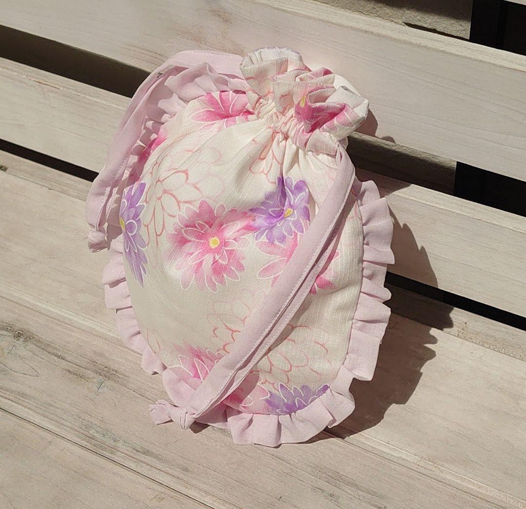 ハンドメイド　巾着袋　フリル巾着　女の子　花柄 No.6 花柄フリル付き 巾着袋 - メルカリ