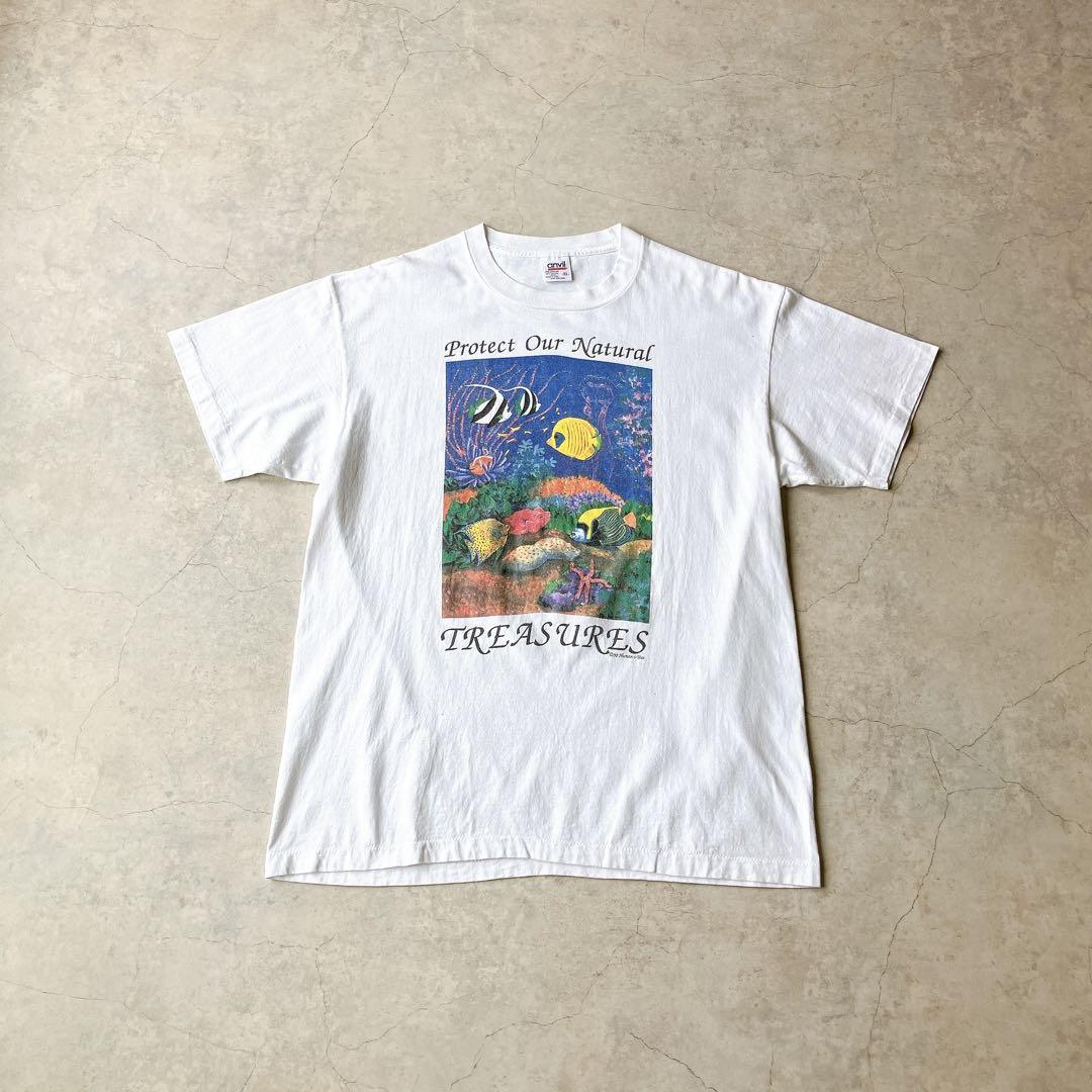 90s USA製 anvil アニマルTシャツ 魚 袖裾シングル アンビル