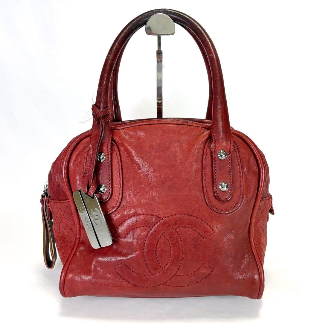 シャネル　CHANEL ミニボストンバッグ　レッド　レザー　ビッグココマークロゴ