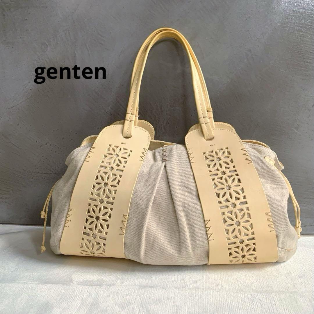 genten ゲンテン カットワーク レザー リネン 異素材 バッグ 大容量