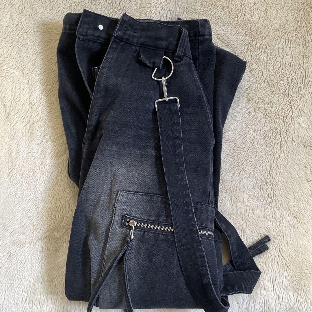 LILL ハイウエスト サスペンダー デニムカーゴパンツ ブラック系 XS