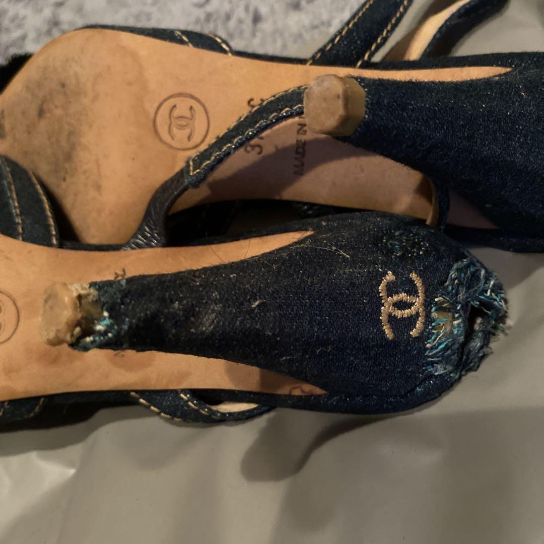 驚きの値段で 難点あり！CHANEL シャネル デニムパンプスヒール 37 23.5.24 靴