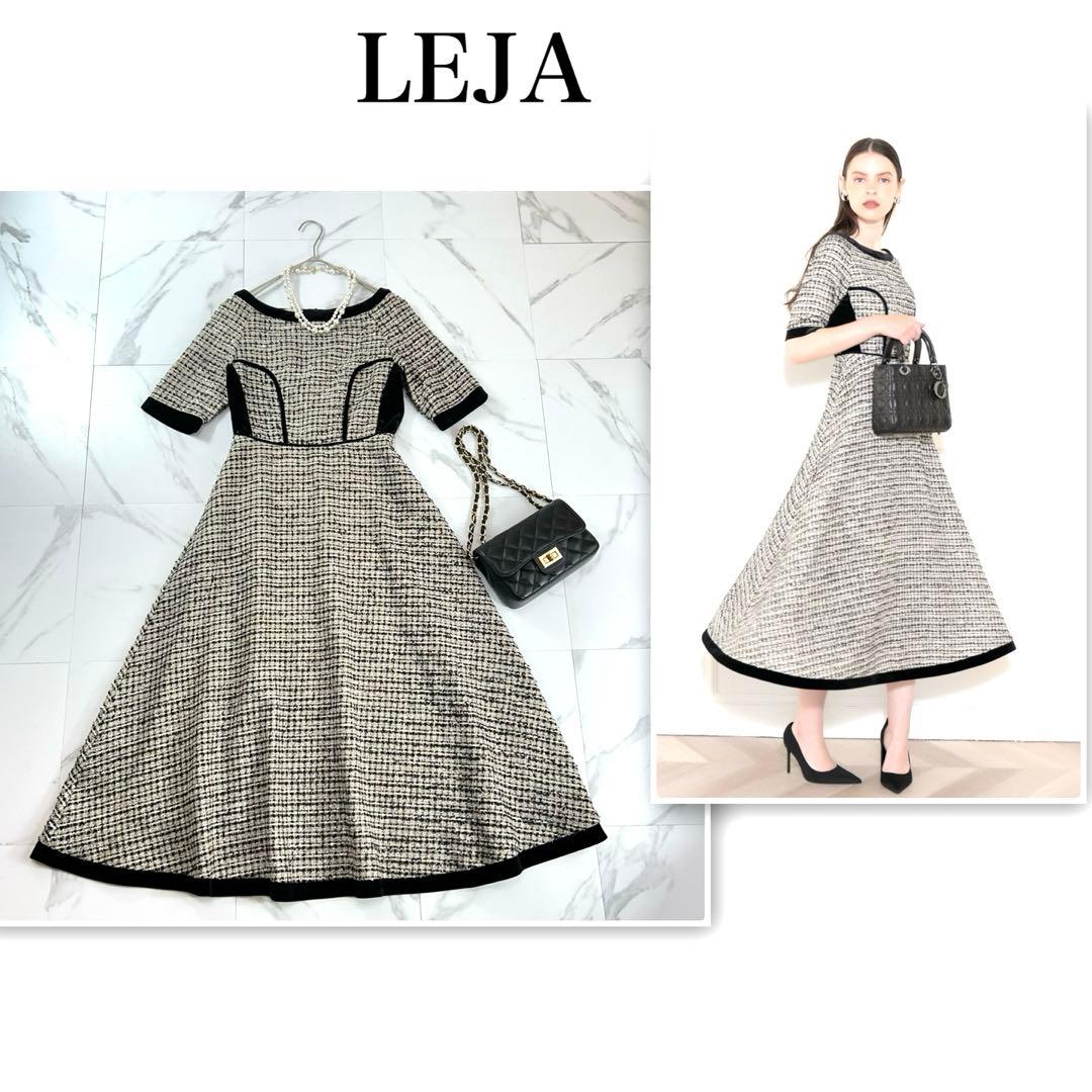美品✨LEJA レディライクツイード柄配色ハイウエストワンピースドレス 黒 M