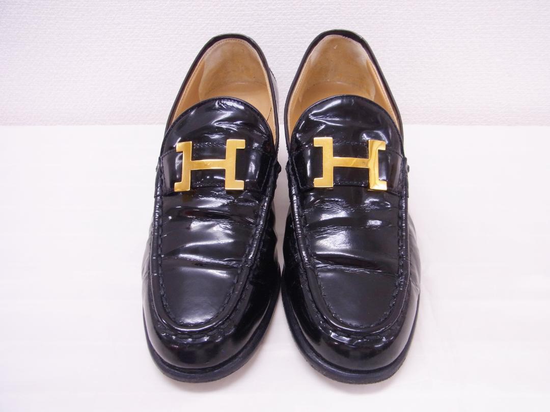 HERMES エルメス ローファー エナメル 靴 レディース ロゴ 黒×金 37