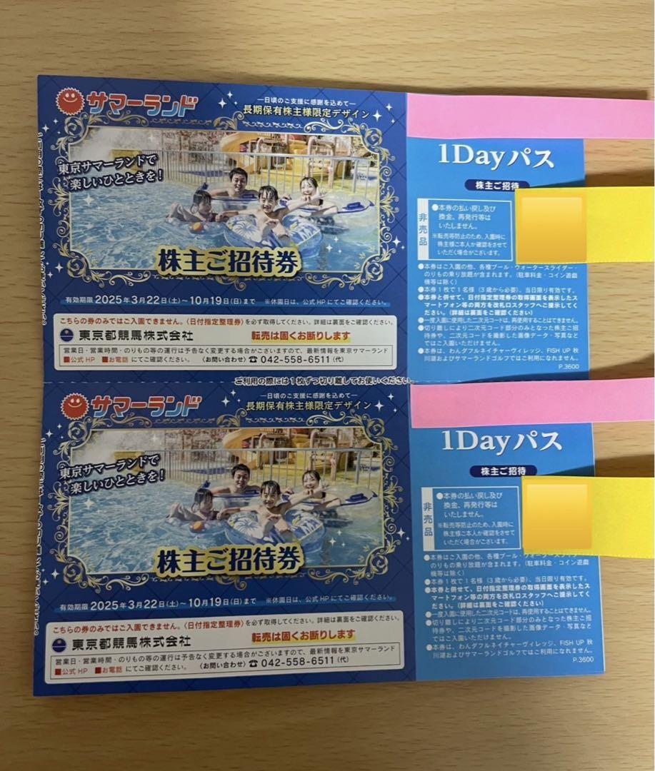 サマーランド　株主優待　1Dayパス　2枚