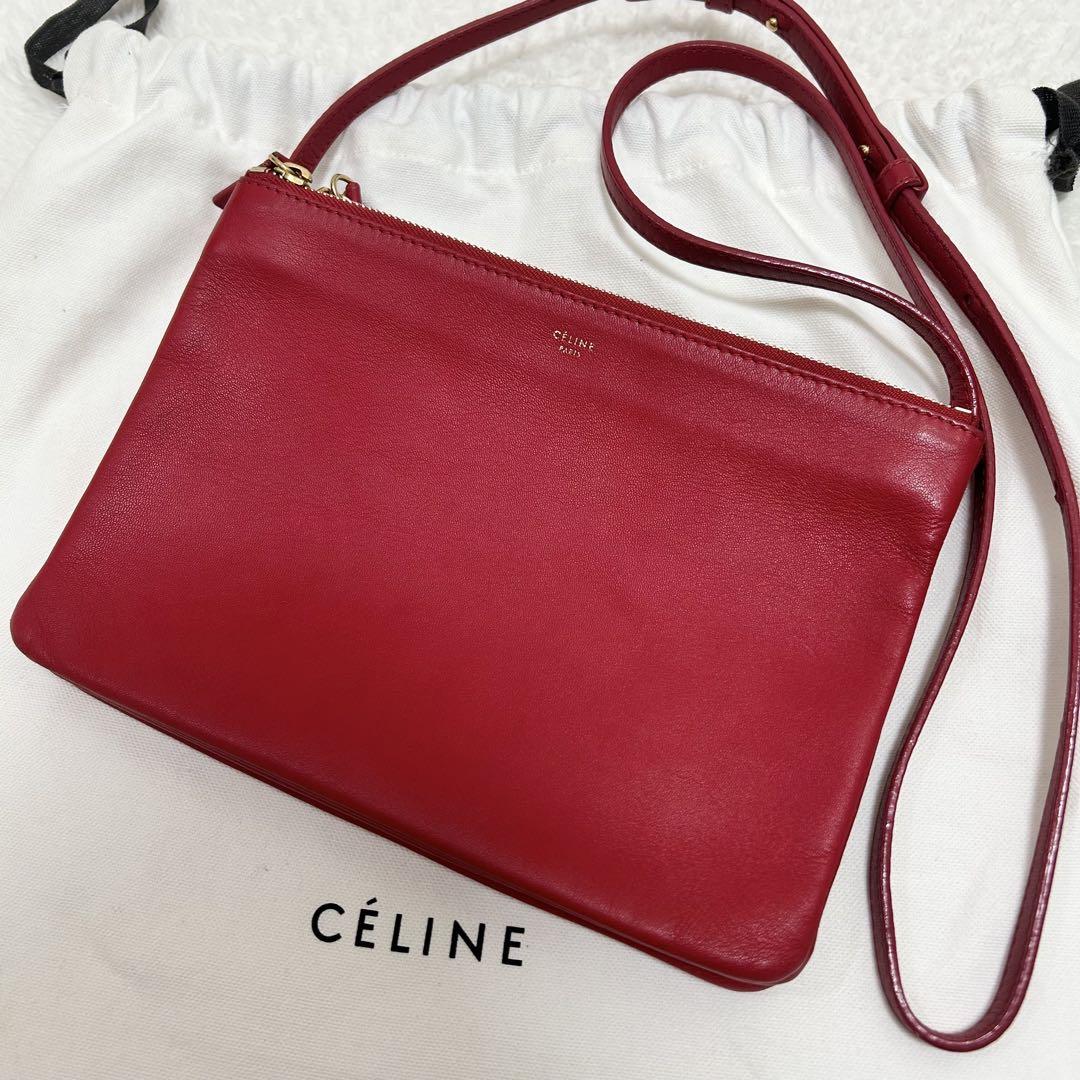 美品 CELINE セリーヌ トリオ ラージ ショルダーバッグ フィービー期 美品】セリーヌ フィービー期 トリオ ラージ レッド ショルダー