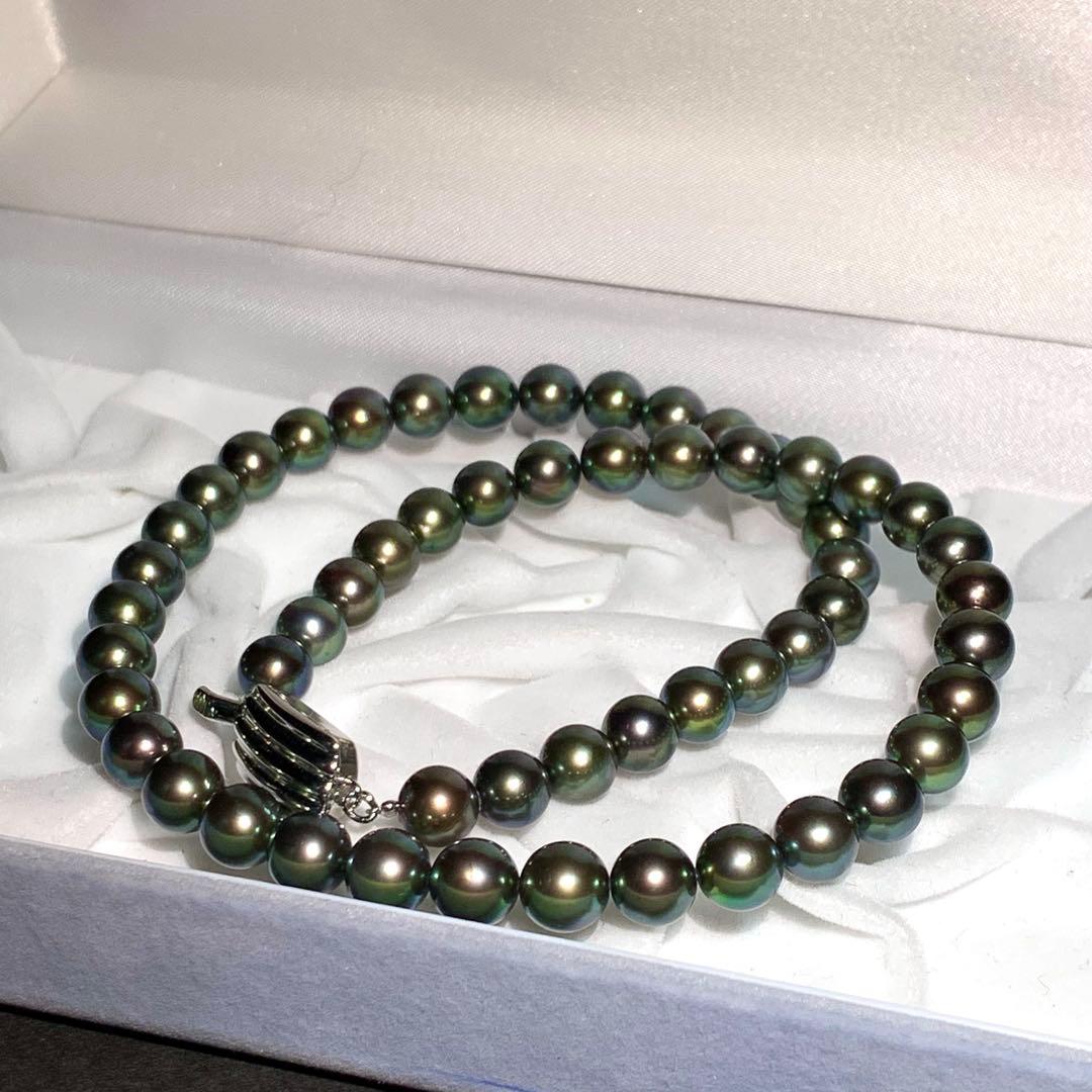 ピーコックグリーン アコヤパール 本真珠 テリ最強 ネックレス SILVER