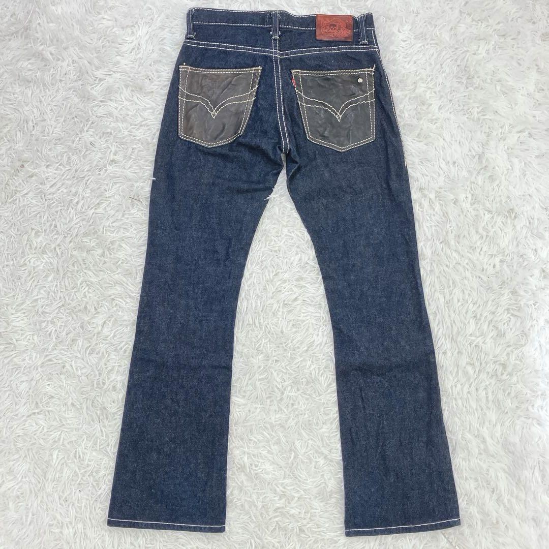 スカルジーンズ　オールドチーフ　デニムパンツ　レザー　異素材　フレア　W30