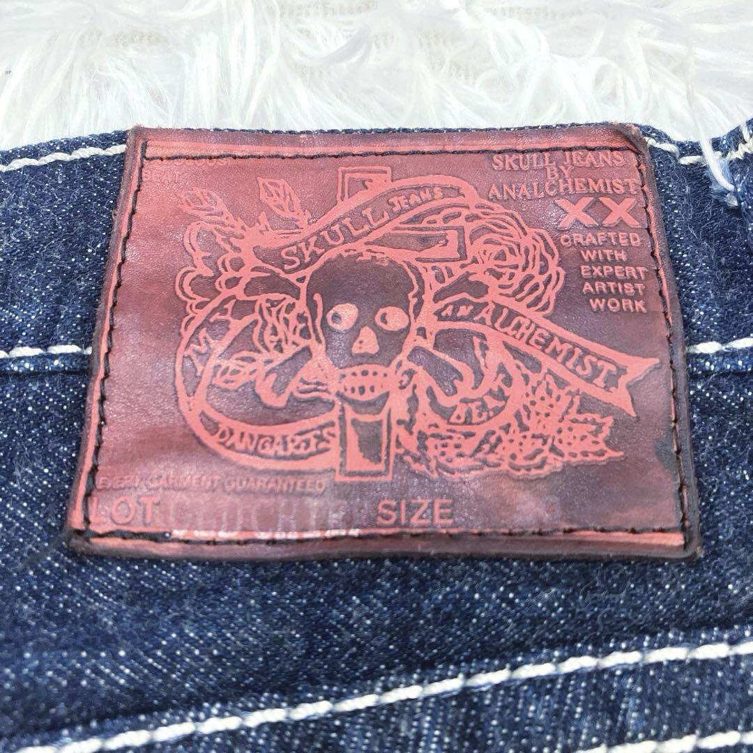 スカルジーンズ　オールドチーフ　デニムパンツ　レザー　異素材　フレア　W30