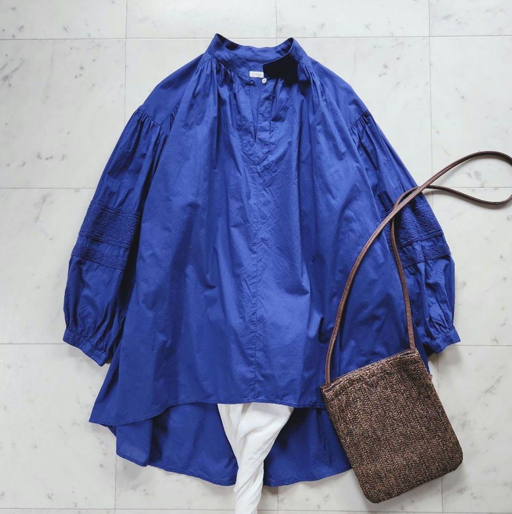 美品 ハウスオブロータス 2024 クロス刺繍 ペザントブラウス 青 ゆったり