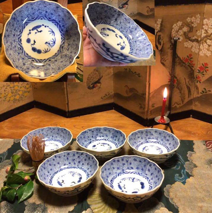 A345 古伊万里 染付 微塵唐草紋様 輪花型 膾皿 5客