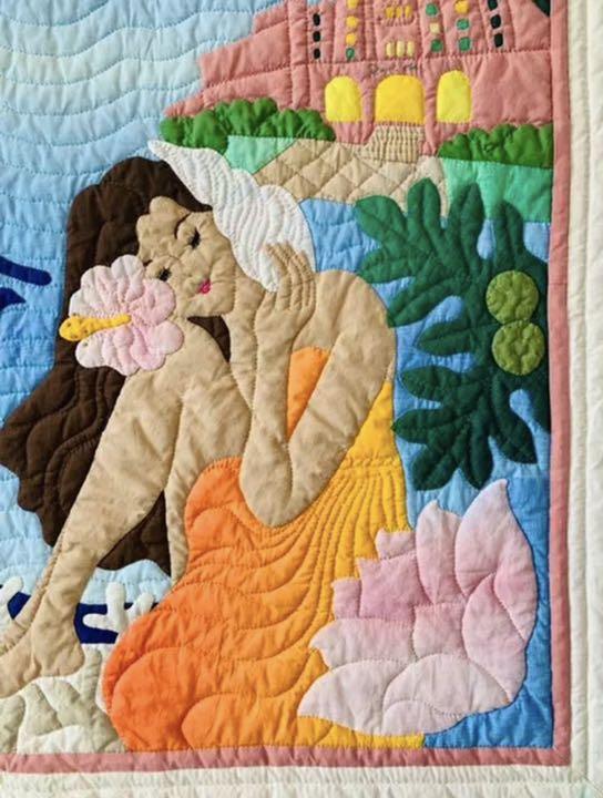 ハワイアンキルト　タペストリー　手縫い　ハンドメイド　フラガール  ハワイの海